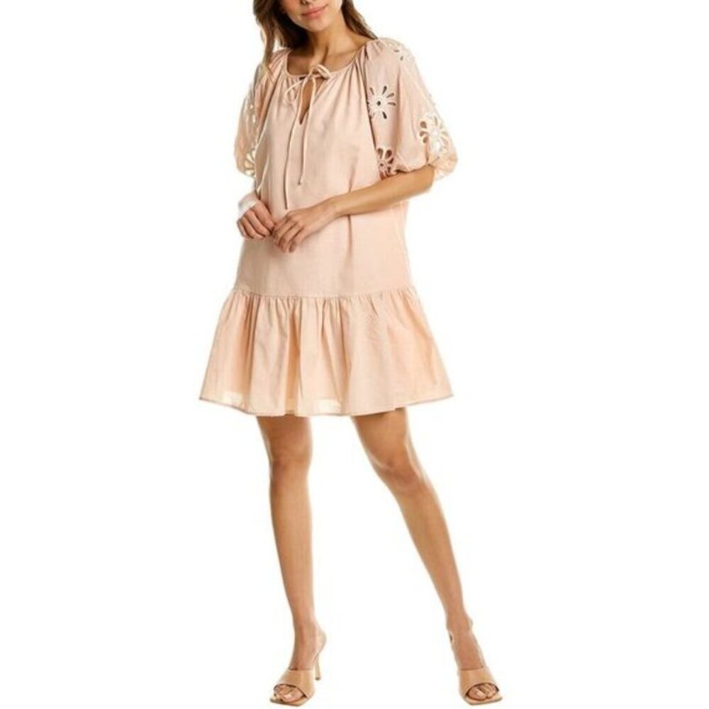 Karlie Light Pink Puff Sleeve Eyelet Drop Waist Linen Blend Mini Dress Sz Small